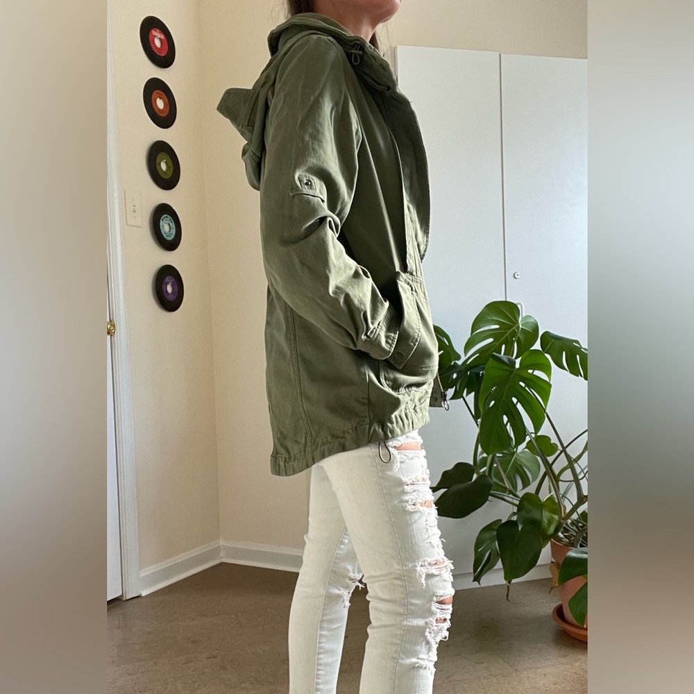 Army green utility jacket with hood. By Jolt